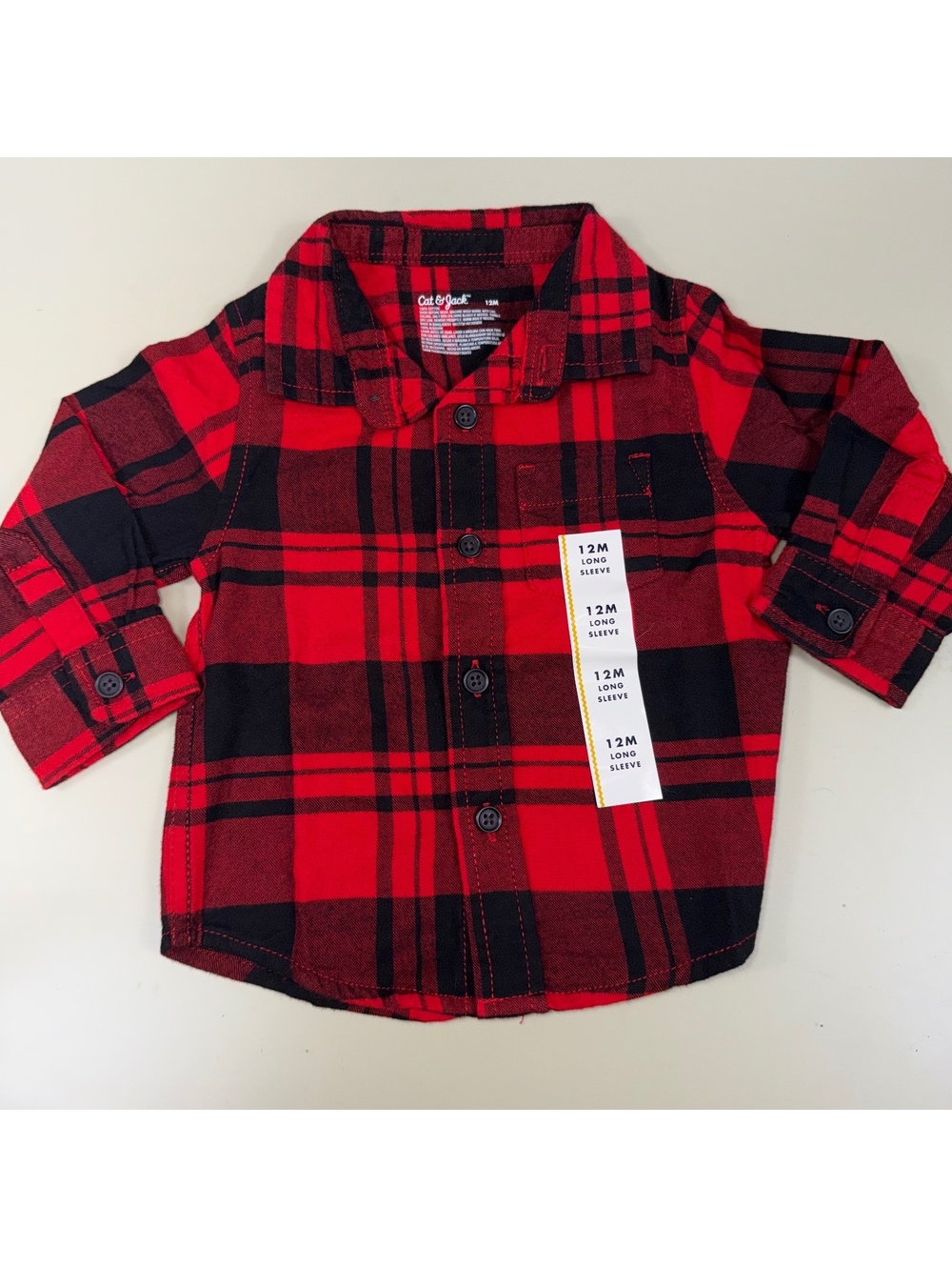 Cat & Jack Boys Red Black Plaid Flannel Shirt 12M NWT
